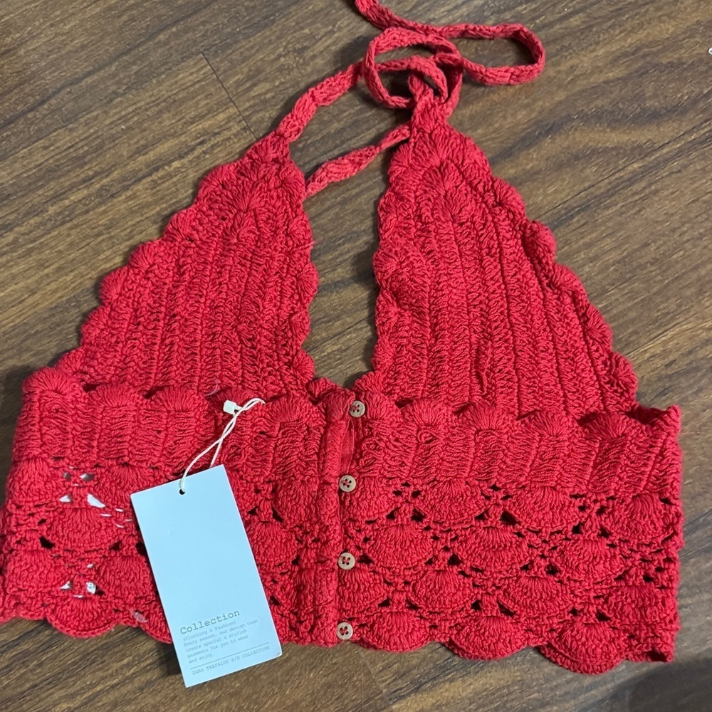 ZARA Red Crochet Halter Top Size M NWT - Picture 2 of 2